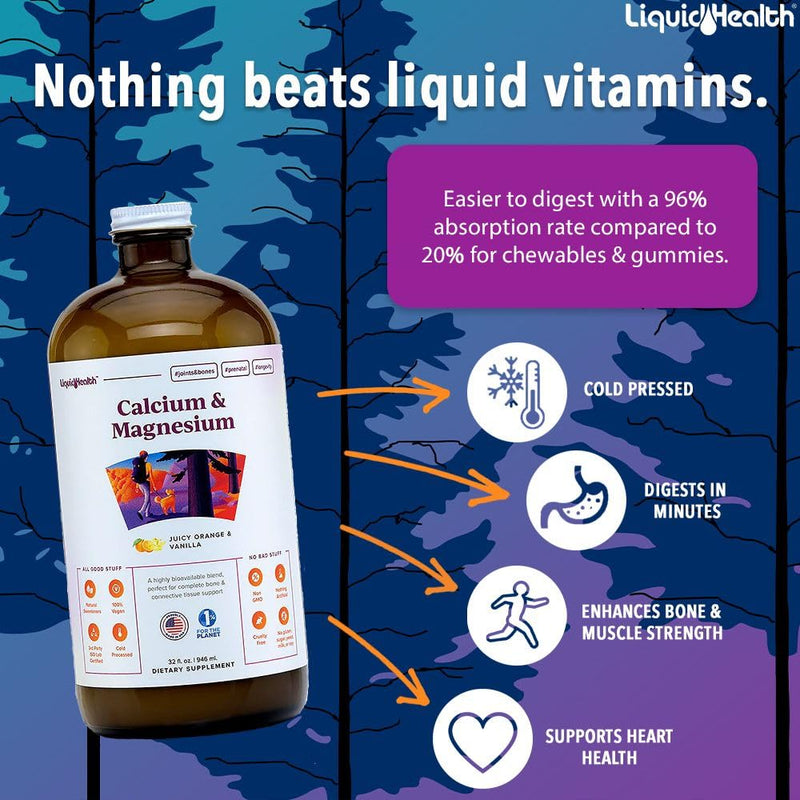 LIQUIDHEALTH Calcium and Magnesium & Neurologic Nootropic Liquid Vitamin Supplements Bundle for Adults - Support Bone & Tissue Health, Improve Memory, Focus & Concentration - Vegan, Non-GMO, USA Made