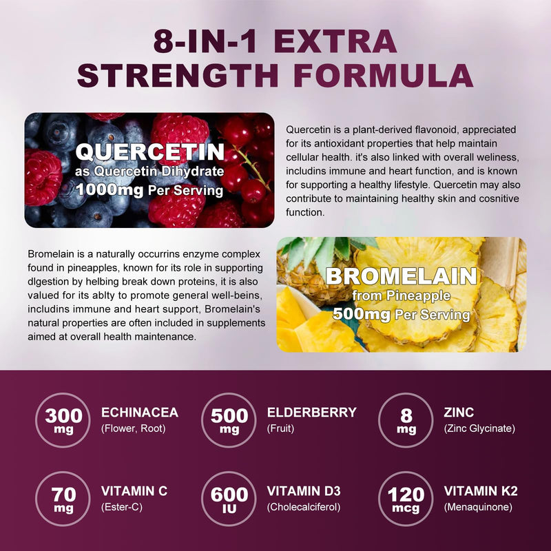 Quercetin Gummies with Bromelain 2378mg - Blend with Elderberry, Echinacea Purpurea Extract, Zinc, Vitamin C,D3,K2, Complex Supports Immune, Cardiovascular & Respiratory, Vegan Gummy for Adult & Kid | Quercetin Supplement with Echinacea for Cardiovascu...