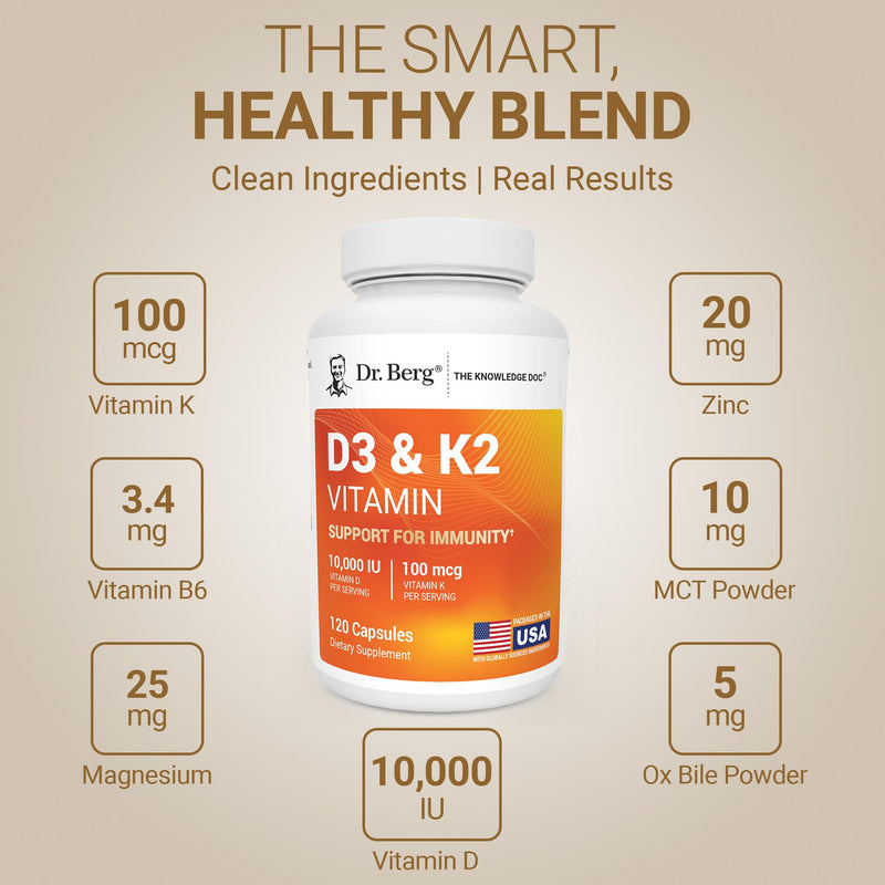 Dr. Berg Maximum Strength 7-in-1 Vitamin D3 K2 10,000 IU | Naturally Derived D3 | 4X Lab-Tested & Verified | High Absorption Formula | K2 D3 Vitamin Supplement | 120 Capsules 120 Count (Pack of 1)