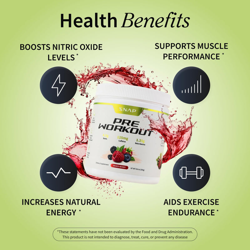 Snap Supplements Pre Workout Beet Root Powder, Nitric Oxide Supplements for Men and Women - Energy and Circulation Support, 8.8 oz, (30 Servings,1 Month Supply), Mixed Berry