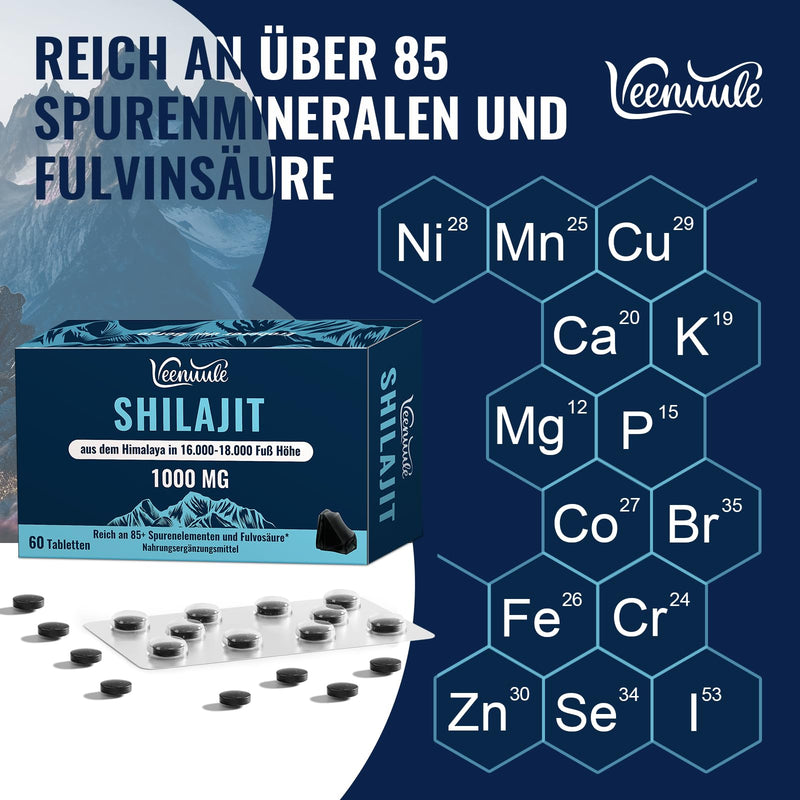 [Australia] - Shilajit tablets, 30,000 mg high dosage, high potency, pure gold quality, rich in fulvic acid and over 85 trace elements, 1000 mg per serving (60 tablets) 