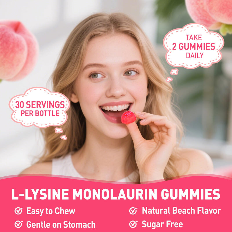 L-Lysine Monolaurin Gummies for Adults & Kids, Peach Flavor, 60 Ct | Monolaurin and Lysine 1000mg Supplement, with Vitamin C, Zinc, Selenium & Quercetin