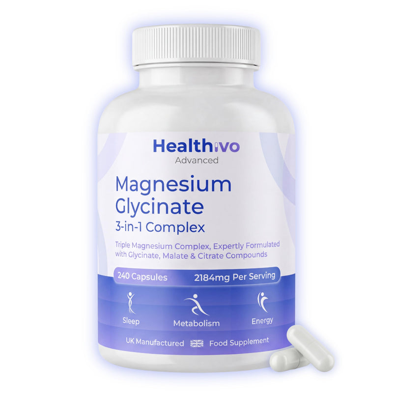 Magnesium Glycinate 3-in-1 Complex, 240 Capsules, UK Made | Magnesium Bisglycinate, Citrate & Malate Complex, Sleep & Relaxation, Vegan, 2 Months Supply, Supplement for Women & Men