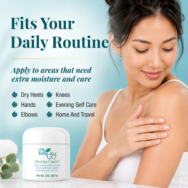 Emu Joy Miracle Cream - Emu Oil Hand & Foot Cream For Cracked Heels - 2 oz | Extra Strength Cream With Emu Oil, Lanolin & Beeswax For Hands, Feet, Elbows and Knees With Rich Moisturizing Care