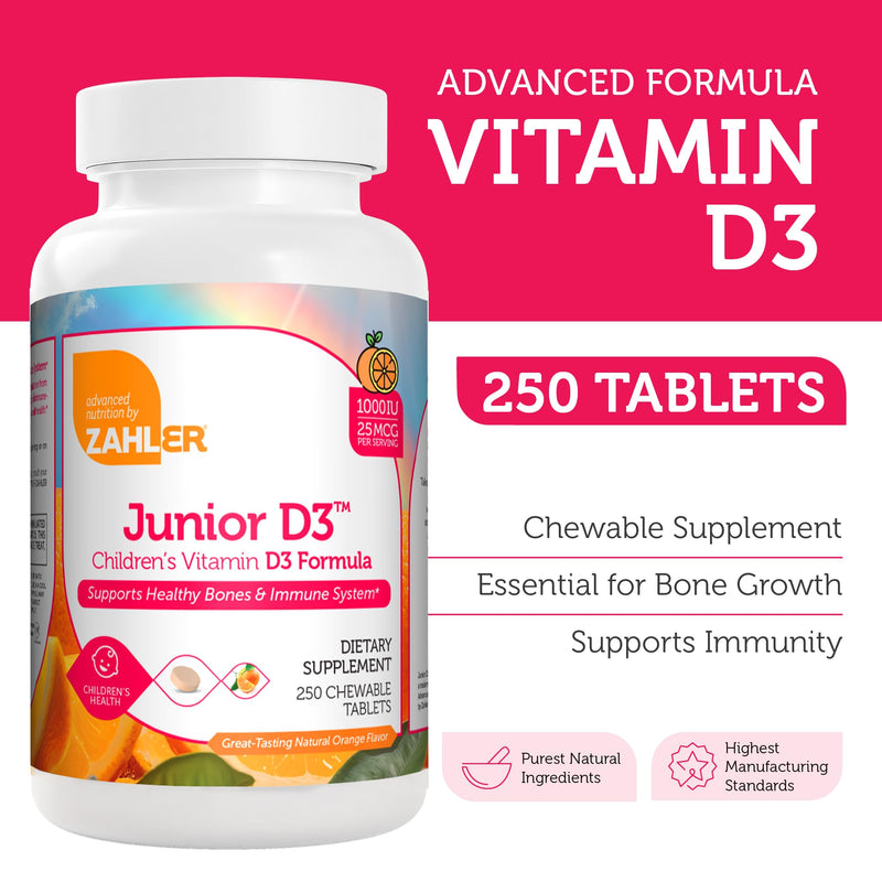 Zahler Junior D3 Vitamins 1000 IU - Chewable Vitamin D3 for Kids to Support Bone, Teeth & Immune Health - Kosher Orange Flavor - 250 Count 250 Count (Pack of 1)