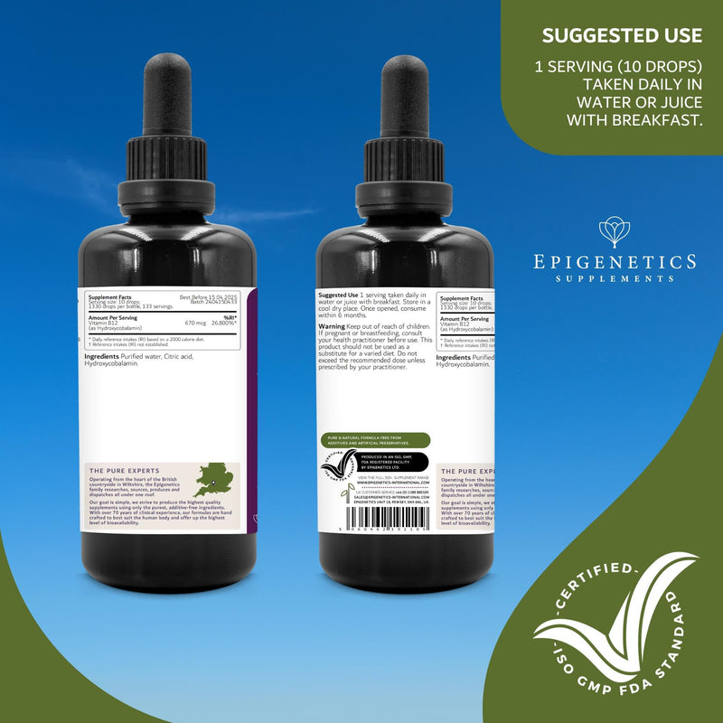 Vitamin B12 High Strength Hydroxycobalamin | 100ml Supplement Liquid Drops | 4 Months Supply, 133 Servings. Vitamins for Tiredness and Fatigue | UK Made & Vegan