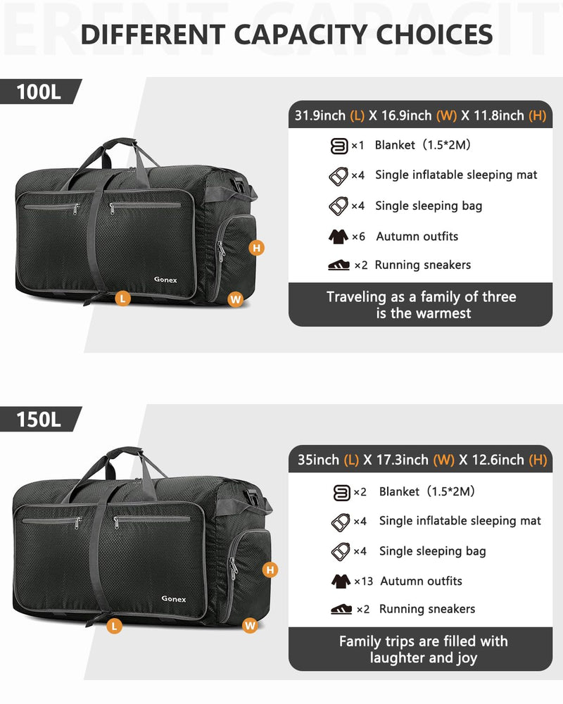 Gonex 80L Foldable Travel Duffle Bag with Shoe Compartment, Lightweight | 210D Nylon, Water-Repellent, Folds Compact, Multiple Pockets, Luggage Sleeve, Weekend Trips & Camping, Grey Gray