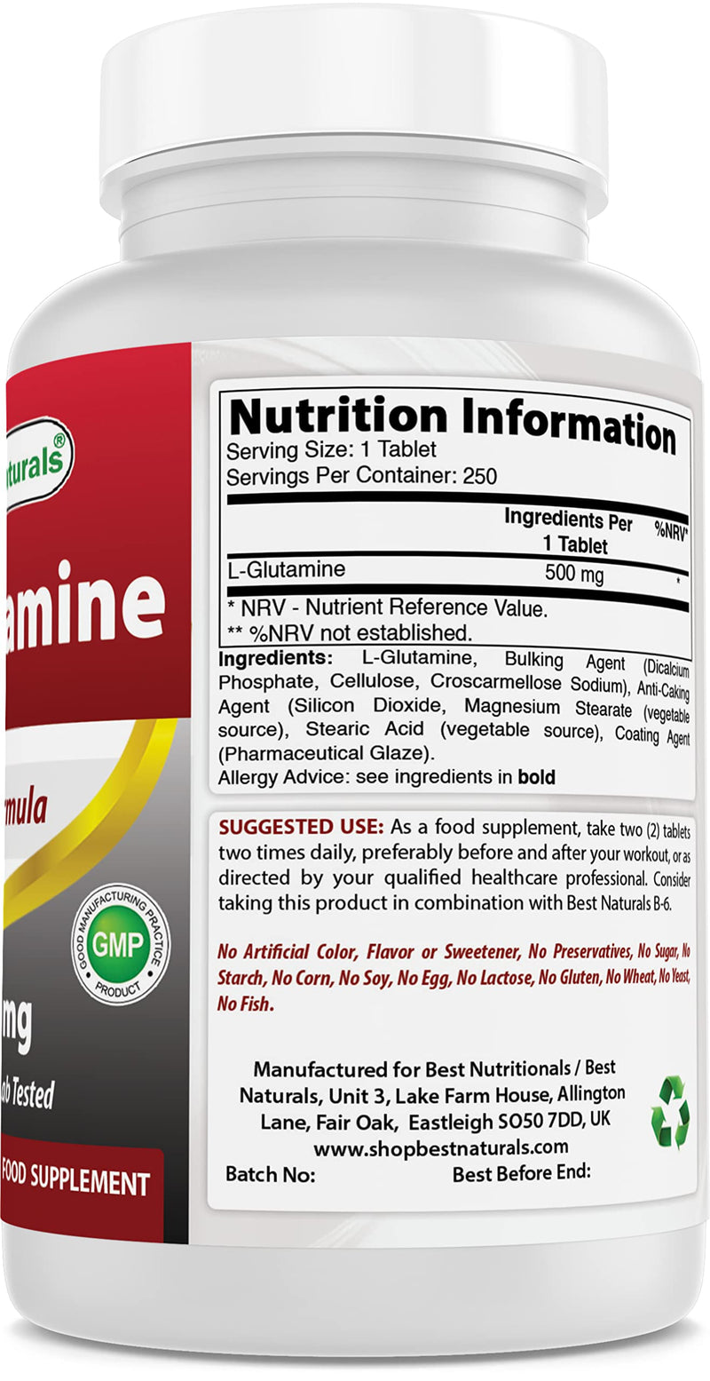 [Australia] - Best Naturals L-Glutamine 500 mg 250 Tablets 250 Count (Pack of 1) 