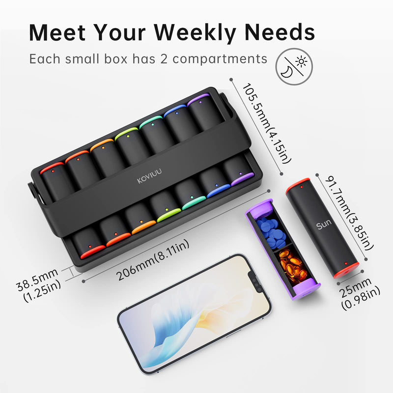 [Australia] - Weekly Pill Organizer 2 Times a Day, KOVIUU Large Travel Pill Box 7 Day, Am Pm Twice Daily Pill Case with Rotatable Handle, Week Pill Holder Container for Vitamin Medicine Supplement Fish Oil, Black 