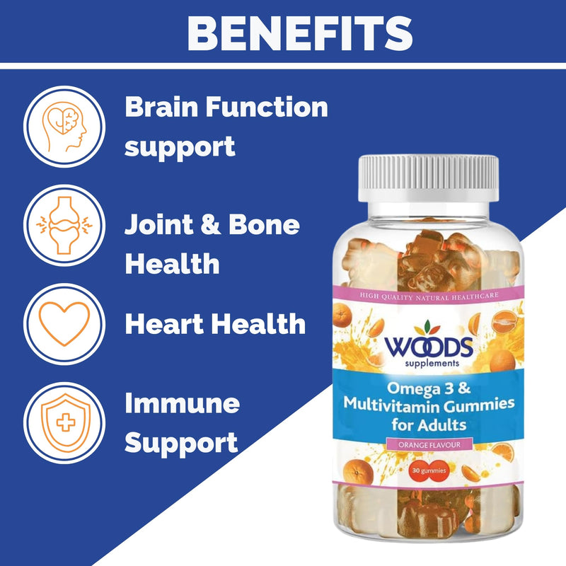 Woods Supplements - Omega 3 & Multivitamin Gummies for Adults (30x). 220mg Plant-Based Omega 3 from Flaxseed, 8 Essential Vitamins Including A, C, D3 & E, Orange Flavour, Daily Nutritional Support 30