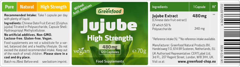 Greenfood Jujube Extract, 480 mg, 120 Capsules, Highly dosed - with Natural Vitamin C, for Strong defences. Without Artificial additives. Without Genetic Engineering. Vegan.