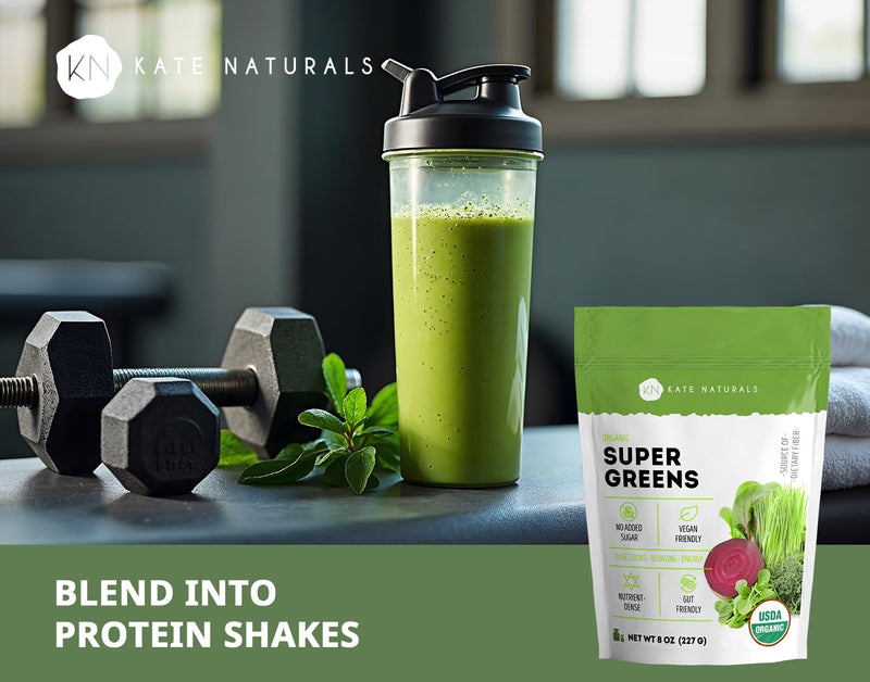 [Australia] - Kate Naturals Organic Super Greens Powder. Daily Greens Superfood Blend with Probiotics & Fiber for Smoothies and Juice (30 Servings, 8oz, Natural) 