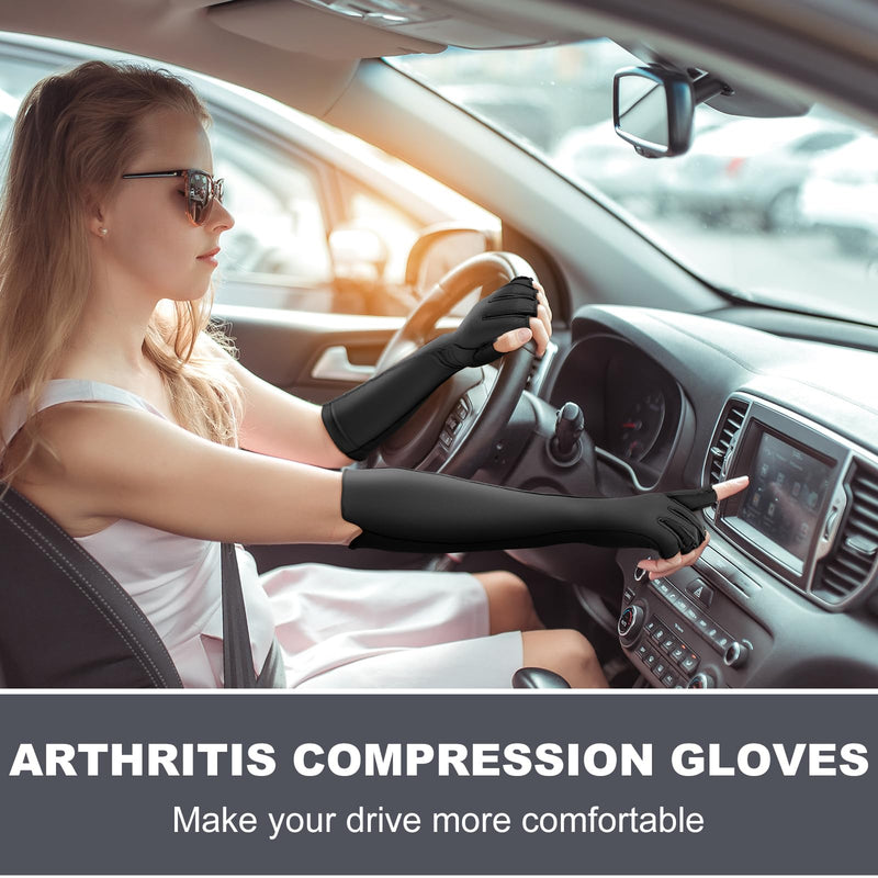Janmercy 3 Pairs Arthritis Compression Gloves Women Men for Carpal Tunnel Pain Rheumatoid, Fingerless Gloves(Extended,Black) Extended Black
