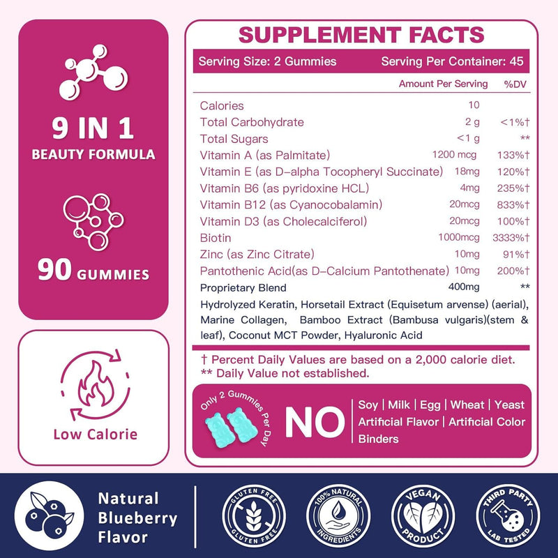 ZEBORA Biotin Gummies with Hyaluronic Acid & Keratin, 90 Blueberry Gummies | Hair, Skin, and Nails Vitamins to Support Hair Growth, Stronger Nails, and Healthy Skin for Women and Men, Blueberry Flavor 90 Count (Pack of 1)