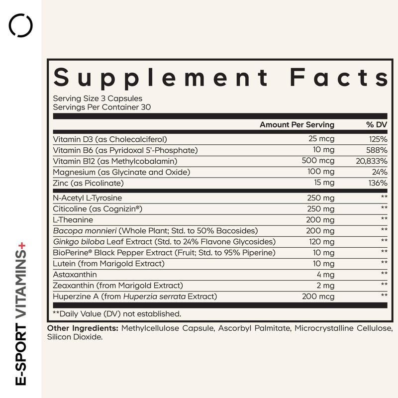 Codeage E-Sport Vitamins, Cognizin, Bacopa, L-Theanine, 90 Capsules | Citicoline as Cognizin, bacopa monnieri, astaxanthin, L-theanine, ginkgo, acetyl-L-tyrosine, huperzine A, lutein. Non-GMO.