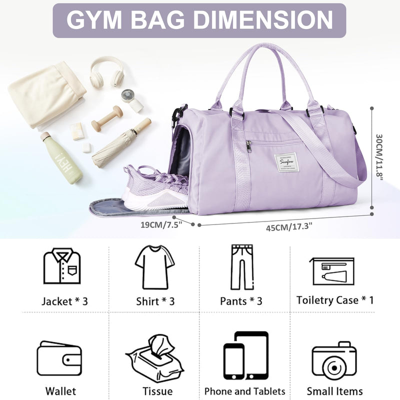 Gym Bag for Women Men with Shoes Compartment,Sports Duffle Bag Personal item travel Duffel Bags Tote Bag Small Carry on Weekender Overnight Bag Workout Dance Bag Hospital Holdalls Light Purple A13-Light Purple