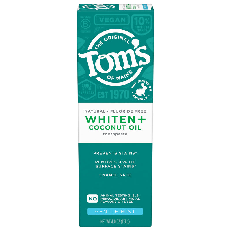 [Australia] - Tom’s of Maine Whiten Plus Coconut Oil Fluoride Free Toothpaste, Natural Whitening Toothpaste with Plant-Based Cleansers, Whitens Without Causing Sensitivity, Gentle Mint, 4.0 Oz (Pack of 3) 