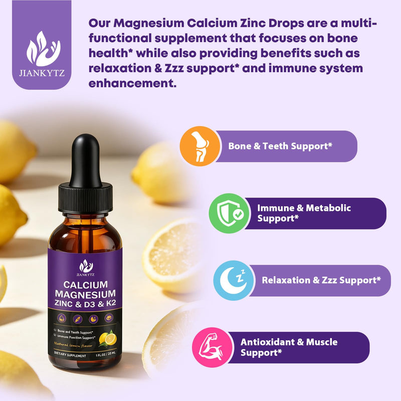 (4 Pack) Calcium Magnesium Zinc Liquid Drops for Women and Men - Bone & Teeth, Immune Support, Liquid Calcium Supplement with Magnesium Glycinate, Vitamin C D3 K2 B6, Lemon Flavor | Sugar Free 1 Fl Oz (Pack of 4)