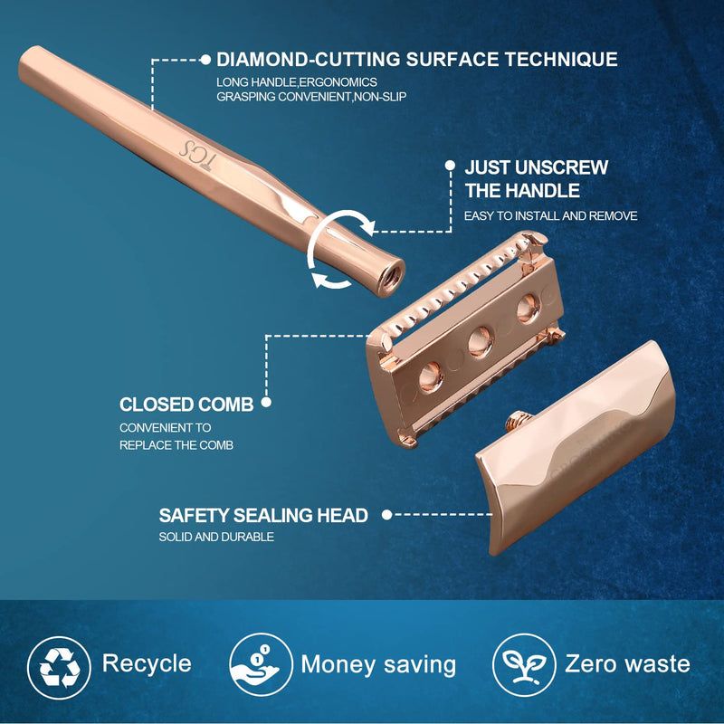 [Australia] - Double Edge Safety Razor, Classic for Men and Women, Reusable Safety Razor, Metal Long Handle Safety Razor, 10 Blade Refill Rose Gold 