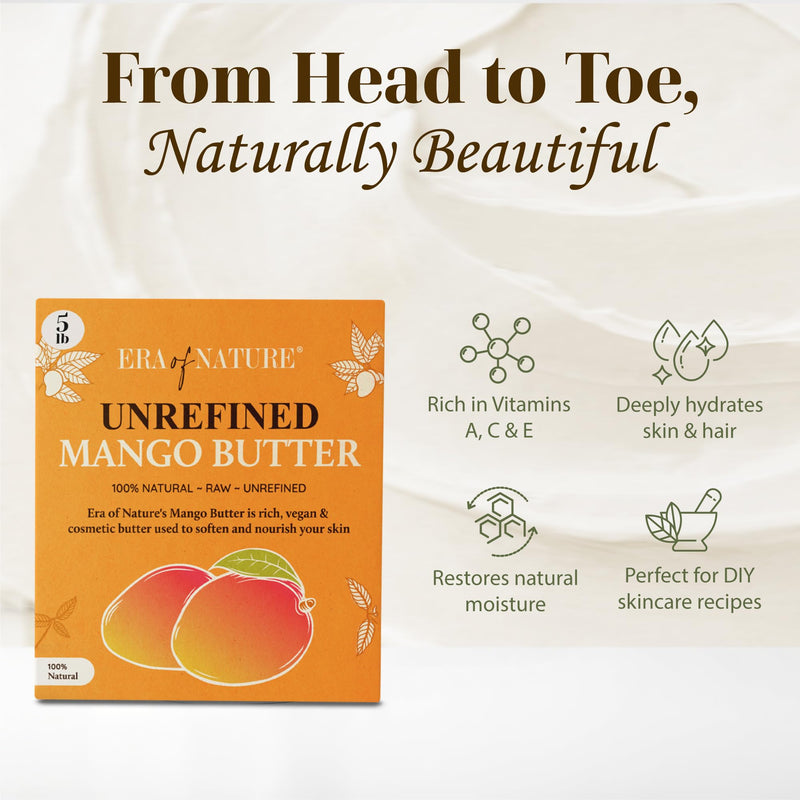 era of nature Organic Unrefined Raw Mango Body Butter Block 8oz - Moisturizing Mango Seed Raw Butter Bar for Skin & Hair, DIY Lip Balm Base, Cream, Soap & Lotion Making Supplies Kit, Personal Skincare 8 Ounce (Pack of 1) Mango Butter