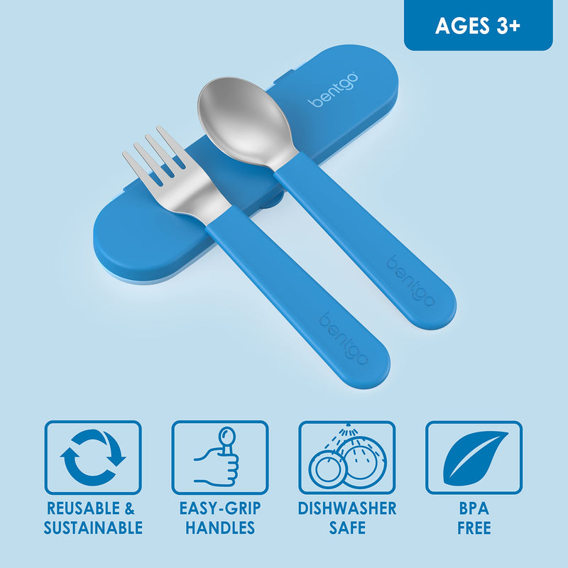 [Australia] - Bentgo® Kids Stainless Steel Utensil Set - Reusable Fork, Spoon & Storage Case - High-Grade BPA-Free Stainless Steel, Easy-Grip Handles, Dishwasher Safe for School Lunch, Travel & Outdoors (Blue) Blue 