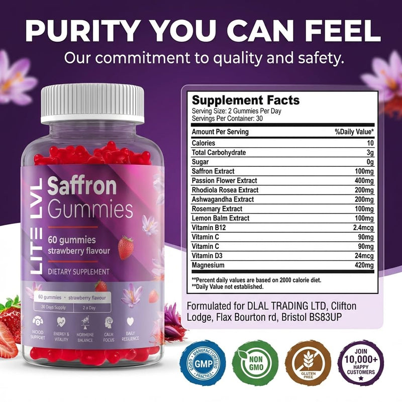 LITE LVL - 60 x Natural Strawberry Flavoured Saffron Extract Gummies - Daily Serving 2 Gummies per Day - Relax Unwind- Rich in Antioxidants - Saffron Supplement