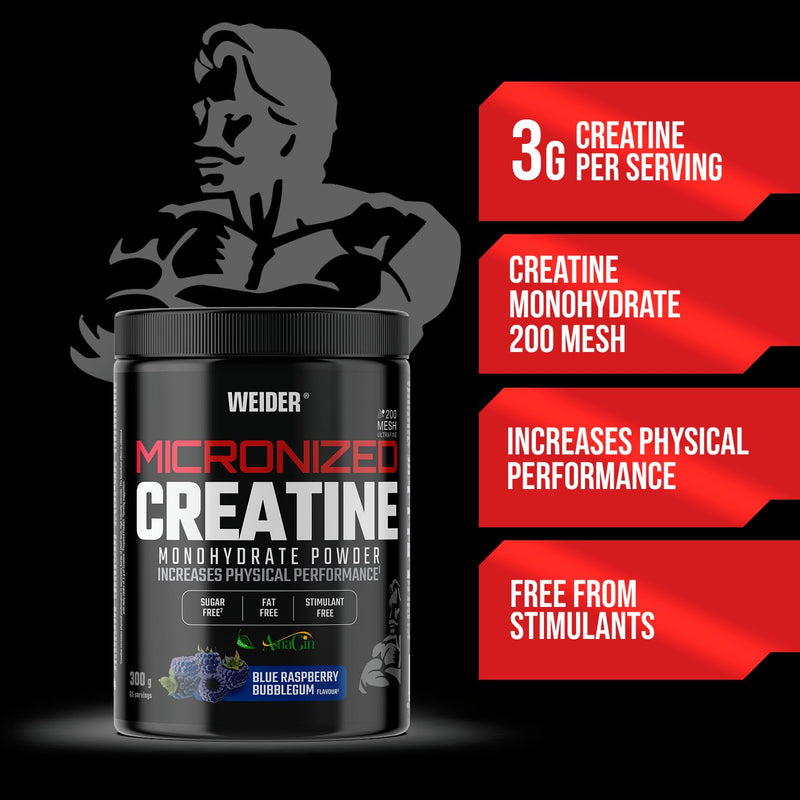 Weider Micronized Creatine Monohydrate Powder (300g) Blue Raspberry Bubble Gum Flavour. Creatine Monohydrate 200 Mesh Ultrafine with AstraGin, with Stevia, Vegan, Increases Physical Performance