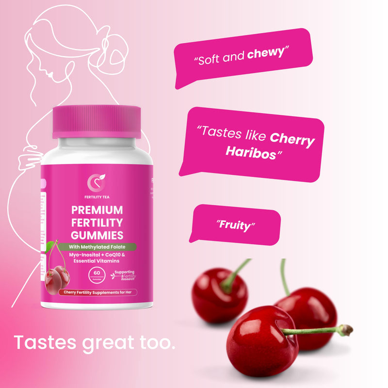 Premium Fertility Supplements for Women – Myo-Inositol & Folic Acid - Cherry Flavour Gummies with Vitamins D & B12, CoQ10-25 – 60 Vegan, Halal Fertility Vitamins for Reproductive Health.