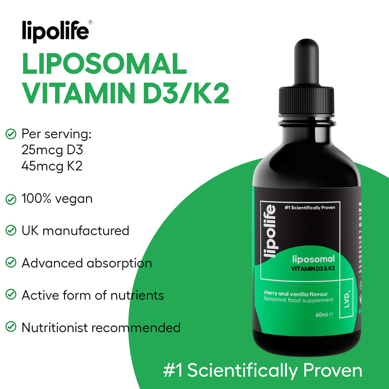 Liposomal Vegan Vitamin D3 and Vitamin K2 Liquid - Cherry & Vanilla Flavour. Advanced Nutrient Absorption. Made in the UK. 60 Servings. lipolife LVD1