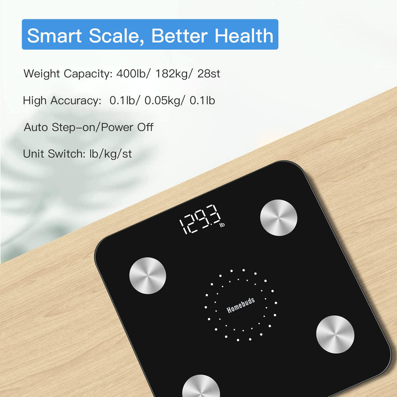 [Australia] - Homebuds Digital Bathroom Scale for Body Weight and Body Fat, Weighing Professional Since 2001, Body Composition Monitor Professional for BMI Fat Water Muscle with App, 400lb, Black Smart Scale Black 