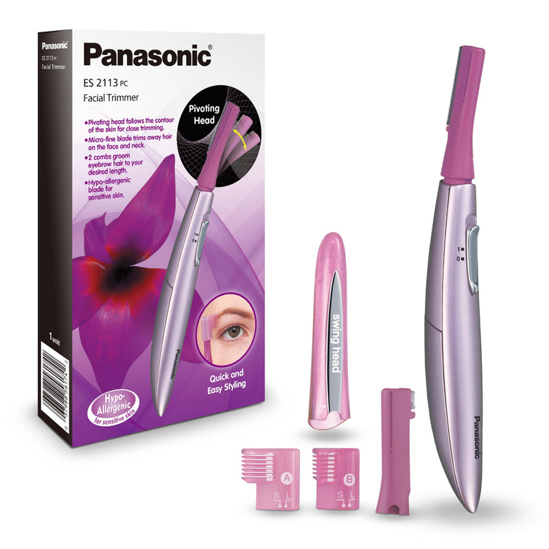 Panasonic Women’s Facial Hair Remover and Eyebrow Trimmer with Pivoting Head, Includes 2 Gentle Blades for Brow and Face and 2 Eyebrow Trim Attachments, Battery-Operated – ES2113PC Pink 5 Piece Set