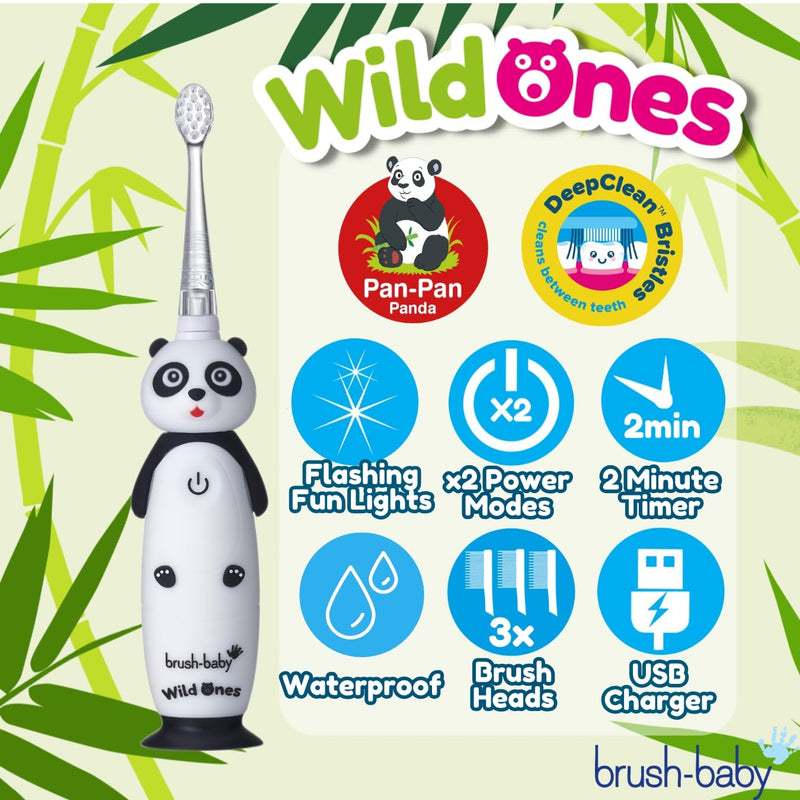 [Australia] - BrushBaby - WildOnes - Kids Rechargeable Electric Toothbrush, Ages 0-10 - Pan-Pan Panda Design with Flashing Lights - DeepClean Bristles for Superior Cleaning - 2 Replacement Brush Heads, 1 USB Cable 