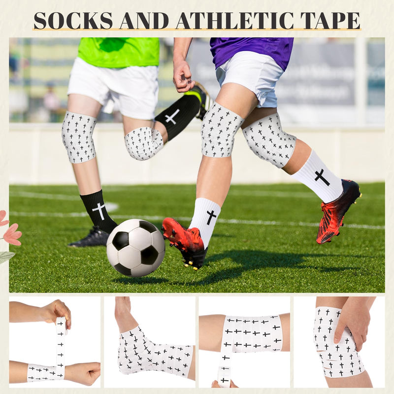 TrelaCo 2 Pcs Christian Athletic Tape with 2 Sets Cross Grip Socks Cotton Sports Athletic Tape Serrated Edges Religious Soccer Socks for Football Baseball Hockey Soccer (Cross)