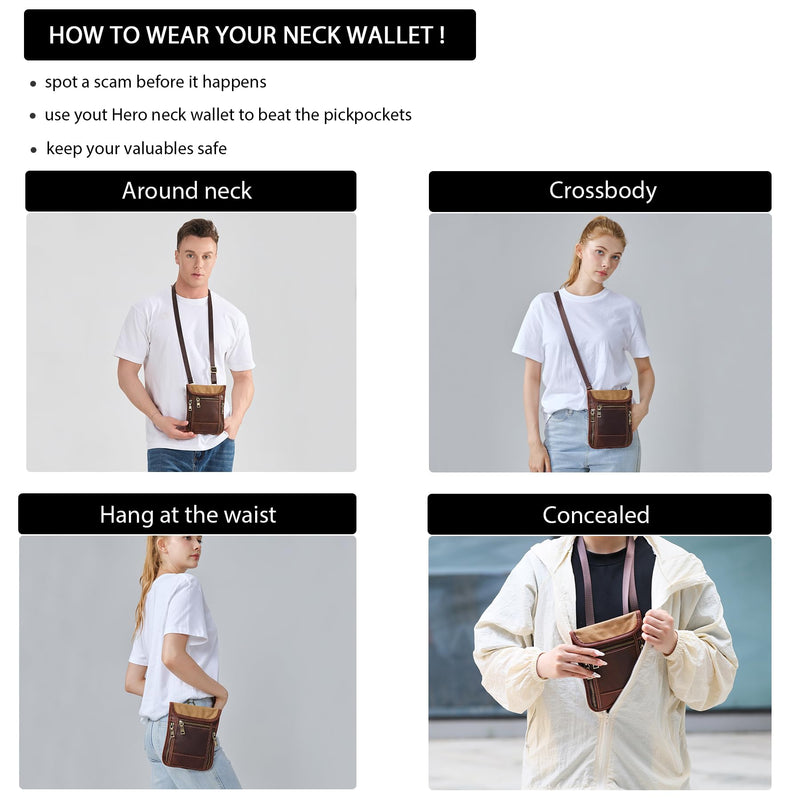 LANNSYNE Full Grain Leather Travel Wallet, Leather Cell Phone Belt Bag, Waist Pack Pouch, Neck Wallet Travel Pouch and Passport Holder for Men and Women Keep Valuables Safe Brown