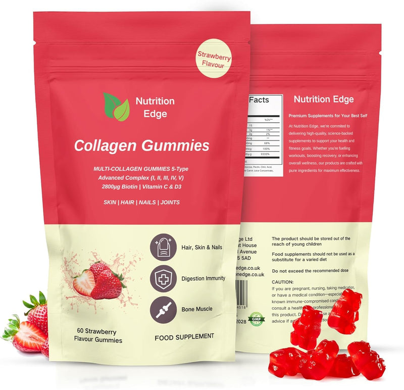 Multi Collagen Gummies (Types I, II, III, IV, V) with Biotin, Vitamin C & D3 - Skin, Hair, Nails and Joint Support - 60 Gummies