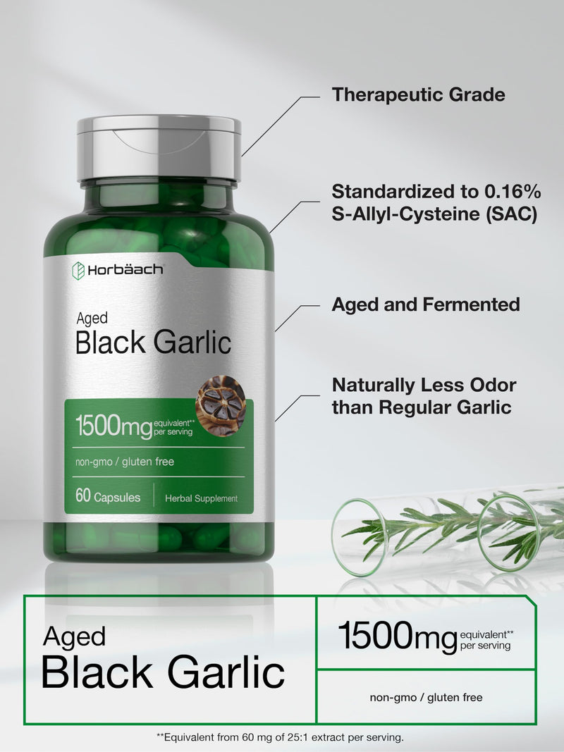 Horbäach Aged Black Garlic Capsules 1500mg | 60 Count | Fermented Extract Supplement | Non-GMO, Gluten Free