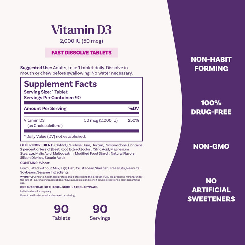 Natrol Vitamin D3 2,000 IU Fast Dissolve, Bone & Joint Health, 90 Tablets | Dietary Supplement for Immune, Bone and Joint Health, Restore Low Vitamin D3 Levels, 100% Drug-Free Strawberry 90 Count (Pack of 1)