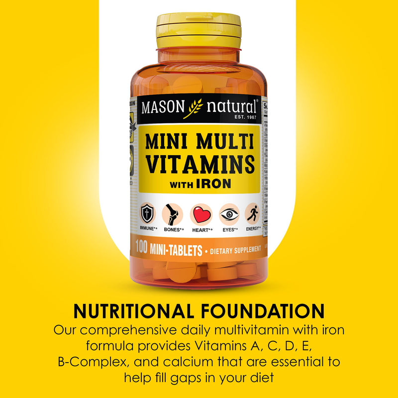 MASON NATURAL Mini Multivitamin with Iron, Gluten Free, 100 Day Supply | 12 essential nutrients plus iron, including vitamins A, C, D, E, B-complex, folate & calcium for daily support 100 Count (Pack of 1)