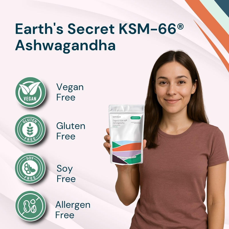 Earth's Secret KSM-66® Ashwagandha Capsules 300mg - Full-Spectrum Root Extract - Supports Calm, Emotional Balance, Mental Focus, Restful Sleep - Made in UK - 2 Month Supply - 60 Vegan Capsules