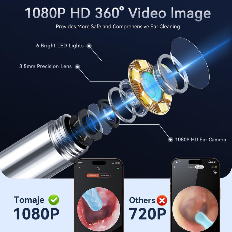 [Australia] - Ear Wax Removal Tool Camera, Ear Cleaner with Camera, 1080P HD Ear Camera and 6 LED Light, Ear Wax Removal Kit with 6 Ear Pick, 6 Pcs Ear Set, Ear Camera Wax Removal for iOS & Android, Black 