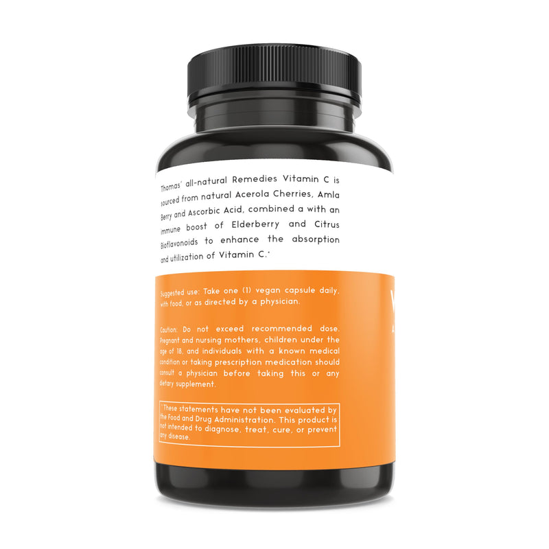 Toms Remedies Vitamin C Supplement with Organic Elderberry Capsules | Whole food formula with organic citrus bioflavonoids, Vegan, 90 capsules Per Bottle.