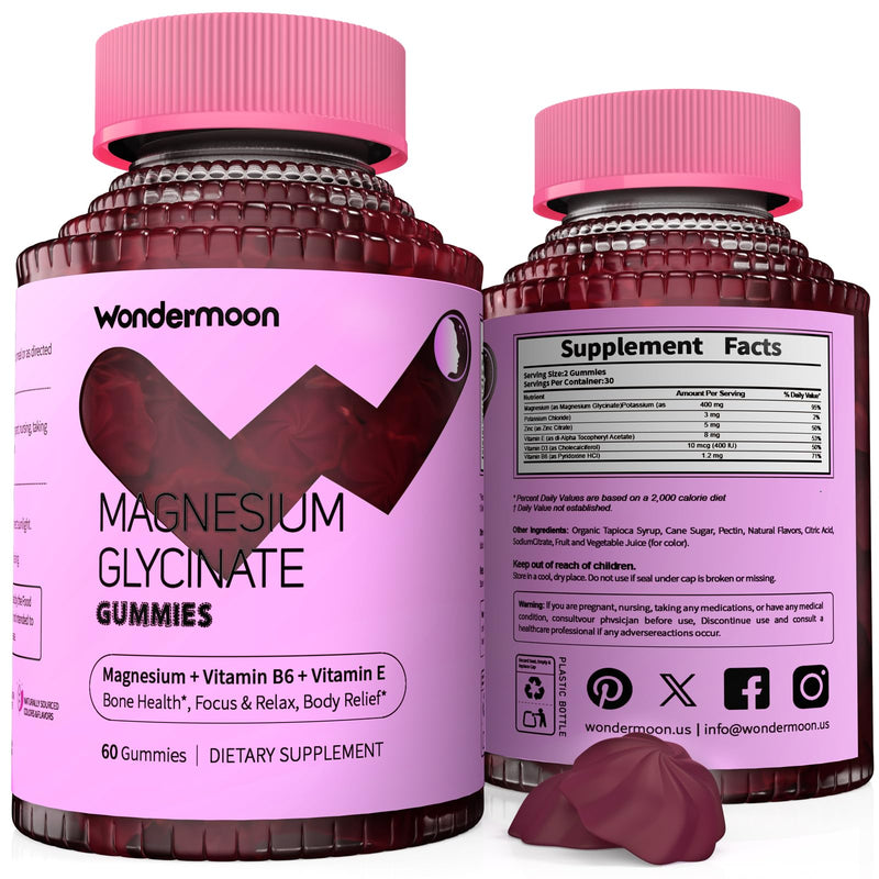 Wondermoon Magnesium Glycinate Gummies, Blueberry Flavor, 60 Gummies | Magnesium Gummies for Women -Supports Sleep, Calm, Muscle Relaxation -Magnesium Glycinate 400mg with Zinc, Vitamin D3, B6, E
