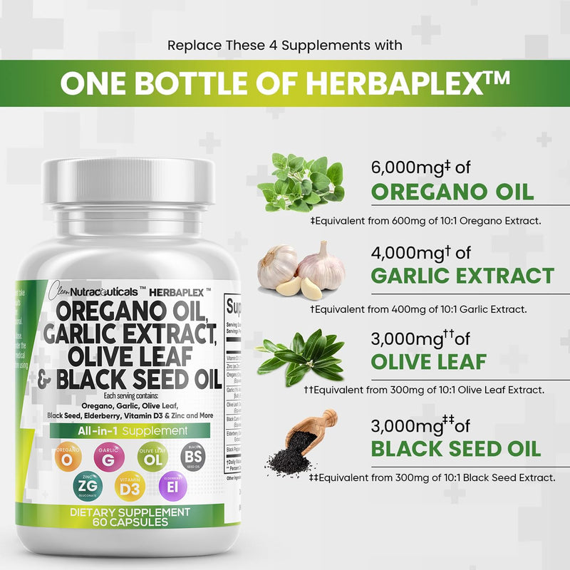 [Australia] - Oregano Oil 6000mg Garlic Extract 4000mg Olive Leaf 3000mg Black Seed Oil 3000mg - Immune Support & Digestive Health Supplement for Women and Men with Vitamin D3 and Zinc - 60 Caps 