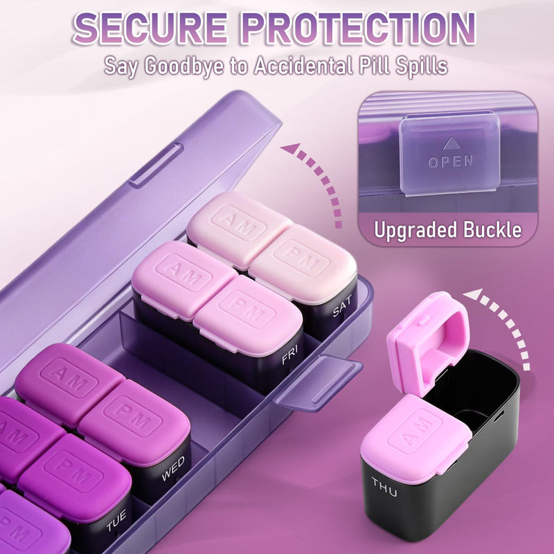 Weekly Pill Organizer 2 Times a Day, Portable AM PM Medicine Box with Large Compartments, Travel Pill Organizer Case, Moisture-Proof Daily Containers for Vitamins, Supplements & Medication (Green) Purple