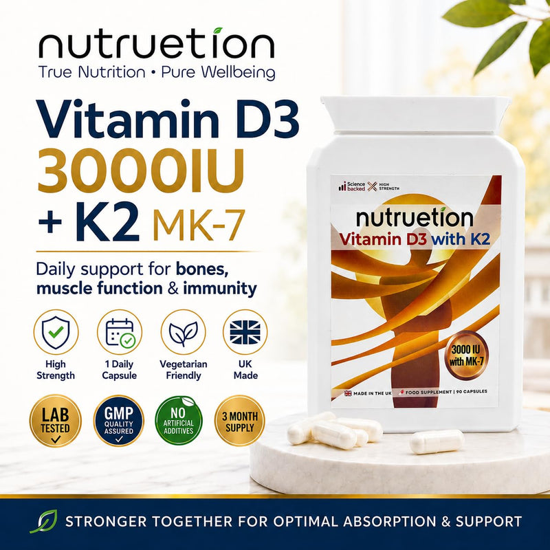 Vitamin D3 3000IU & K2 MK-7 100µg Capsules | High Strength D3 K2 Supplement for Bones, Immune & Muscle Support | 90 Vegetarian Capsules, UK Made, Non-GMO & Gluten Free