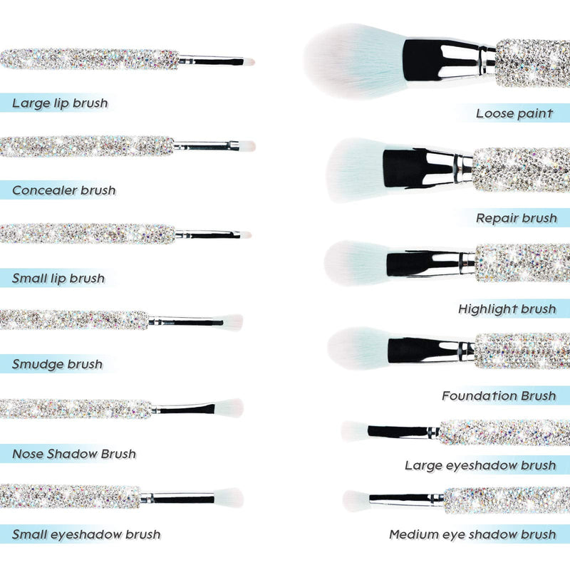 KEYPOWER Large Capacity Glitter Sequin Cosmetic Bag Silver & 12PCS Makeup Brushes Bling Crystal White