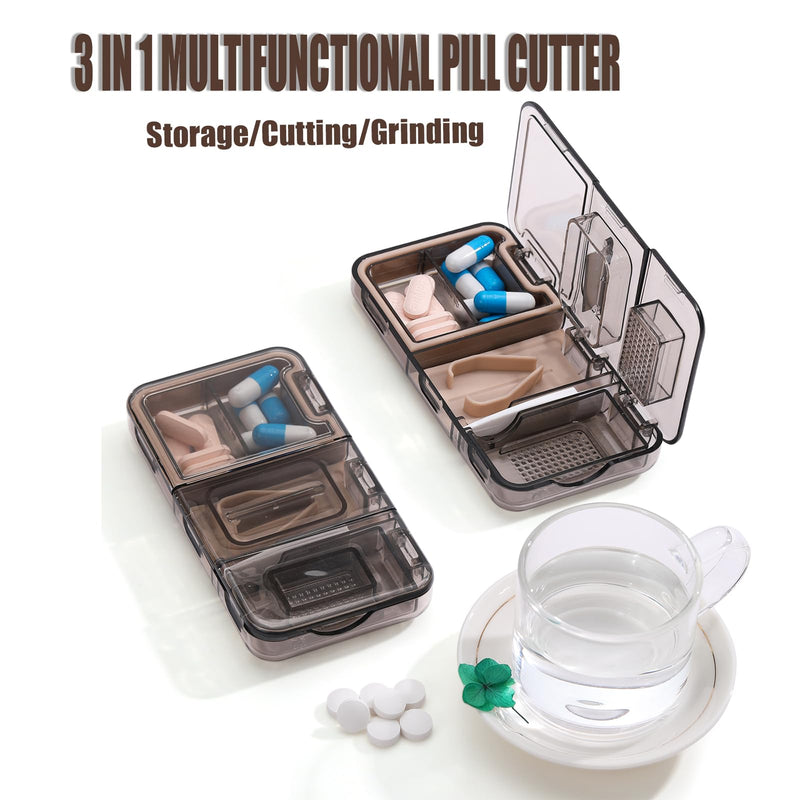 RICHCEE 3-in-1 Pill Cutter Splitter with Storage & Grinder | Sharp Stainless Steel Blade for Cutting Pill Vitamins Tablets, Grinder with Cleaning Brush (Black)