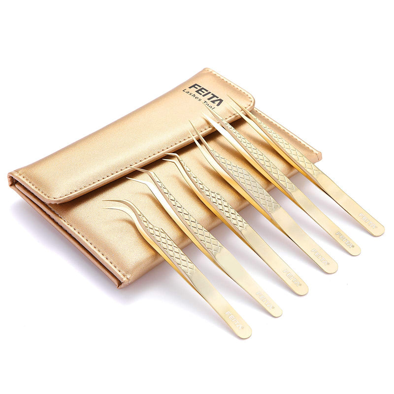 FEITA Eyelash Extension Tweezer Set Gold Lash Applicator Tool - Precision Lashes Diamond Grip Tweezers for 2D-6D Volume & Individual Eyelashes Extensions Supplies (6Pcs) Gold Diamond-grip 6pcs
