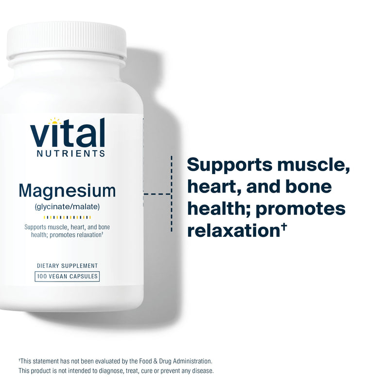 [Australia] - Vital Nutrients Magnesium Glycinate + Malate | 120mg Vegan Magnesium Supplement for Women and Men | Muscle, Heart, Bone Support* | Promotes Relaxation | Gluten, Dairy and Soy Free | 100 Capsules 100 Count (Pack of 1) 