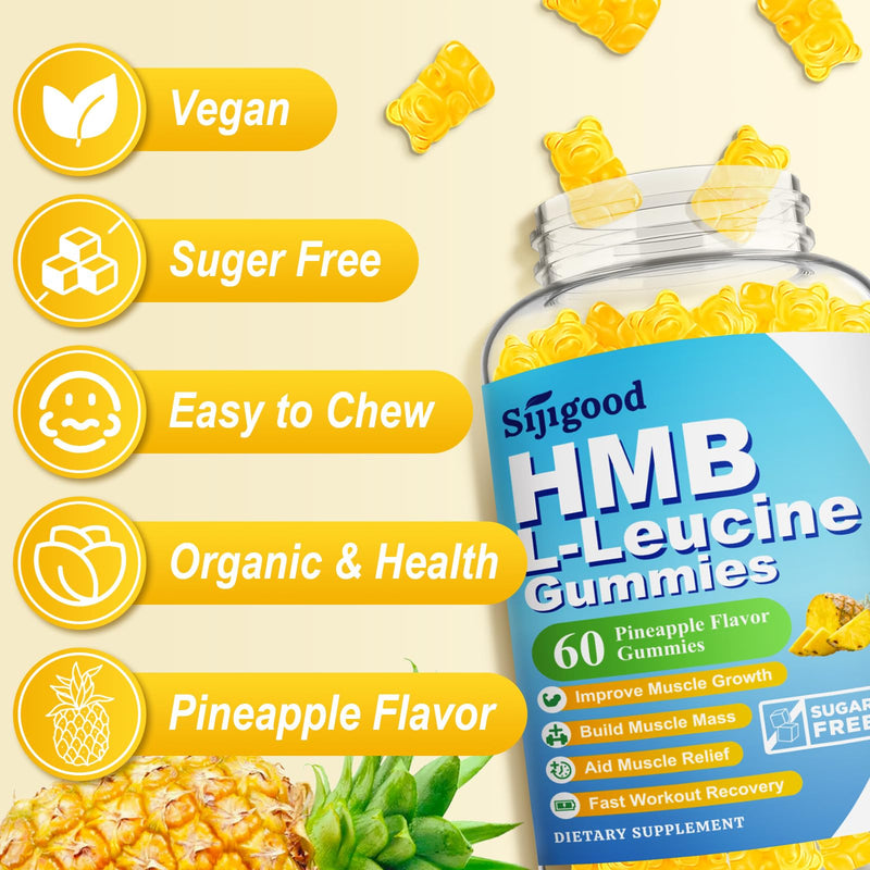 HMB and L-Leucine Gummies, Leucine Supplements with Vitamin D3, HMB Supplements for Men & Women, Sugar Free, Vegan, Pineapple Flavor, 120 Count 60 Count (Pack of 2)